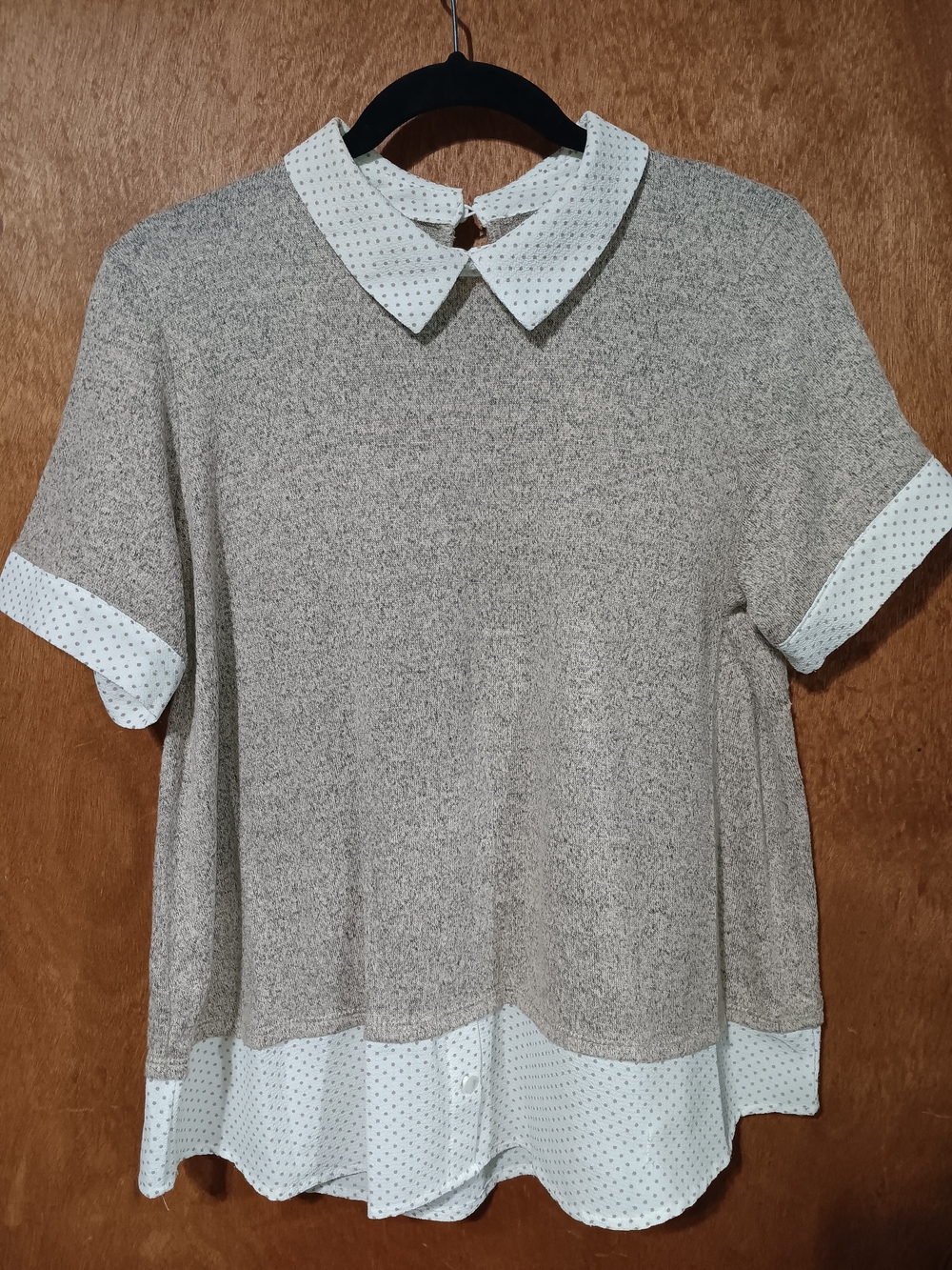 Misia Two-Tone Gray Knit Blouse with White Polka Dot Collar & Hem
